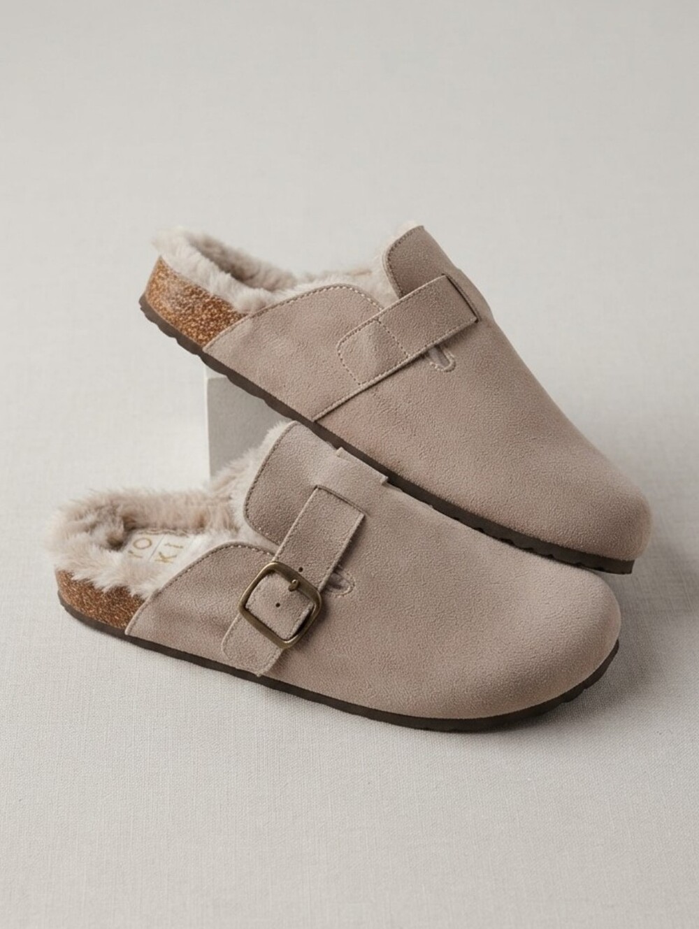 Yoki Taupe Suede-Look Slip-On Mule with Buckle